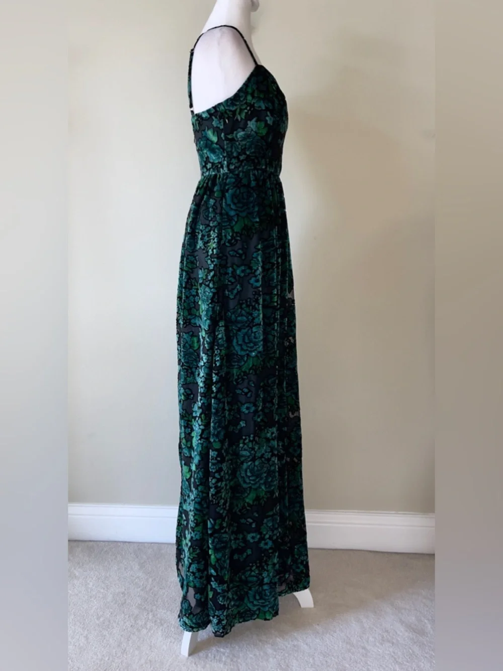 Lulus Minka Emerald Green Floral Velvet Burnout Spaghetti Straps Maxi Dress NWOT - Picture 7 of 11